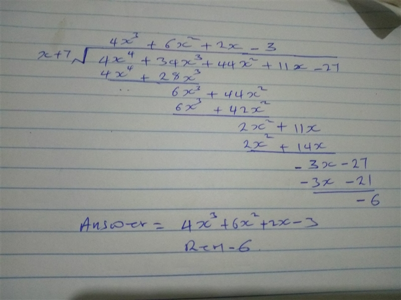 (4x^4+34x^3+44x^2+11x-27)/(x+7) dividing polynomials-example-1