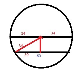 The radius of a circle is 34 meters long, and a chord of the circle is 60 meters long-example-1