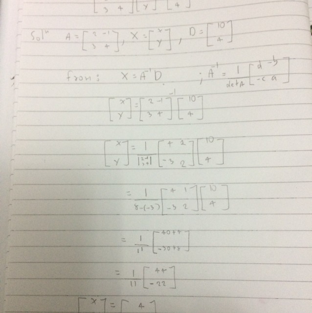 Solve the system of equations for (x, y) using inverse matrices.-example-1