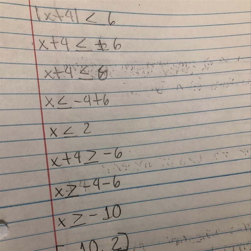 Solve. Write the solution in interval notation. |x + 4| ≤ 6 (–∞, –10) ∪ (2, ∞) (–∞, –10] ∪ [2, ∞) [–10, 2]-example-1