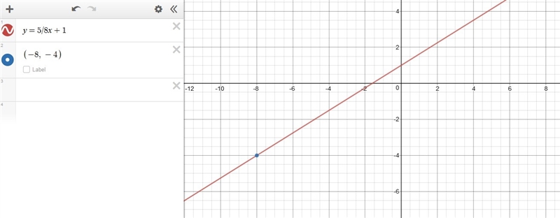 30 POINTS The slope of a line is 5/8, and the line passes through the point (−8,−4). What-example-1