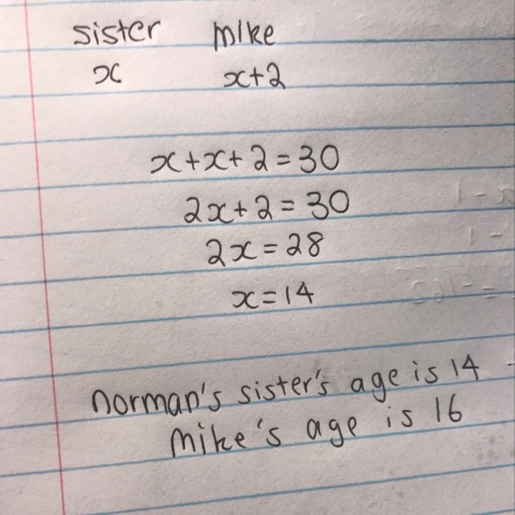 Norman decided to let the sister's age be x, and mike's age be x+2. he then write-example-1