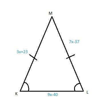 In triangle KLM, if K is congruent to L, KL = 9x - 40, LM = 7x - 37, & KM = 3x-example-1