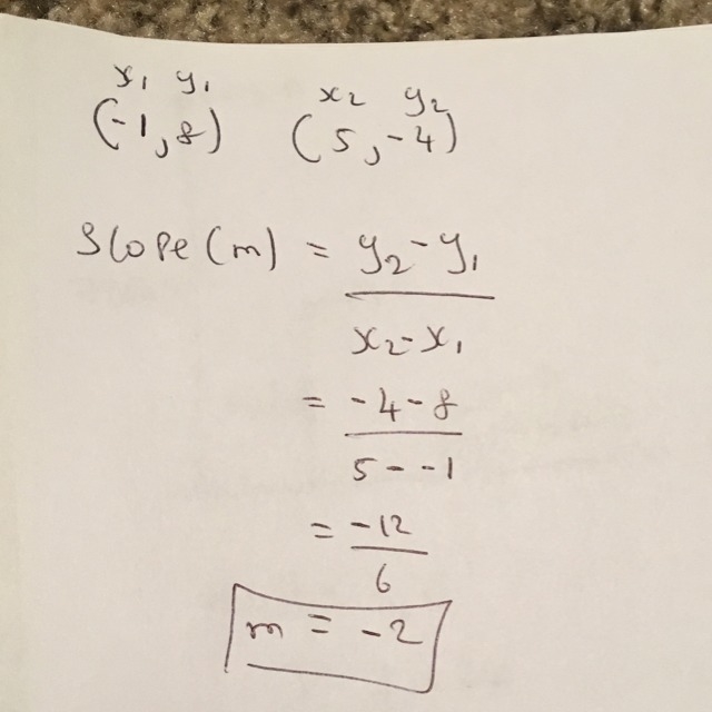 What is the slope of the line that contains the points (-1,8) and (5,-4)?-example-1