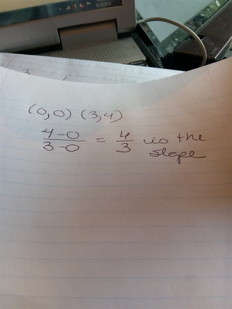 Line L passes through the origin and the point (3,4). What is the slope of a line-example-1