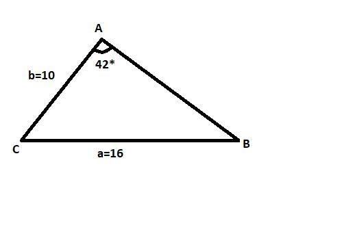 In triangle ABC, BC = a = 16, AC = b = 10, and m angle A = 42°. Which equation can-example-1