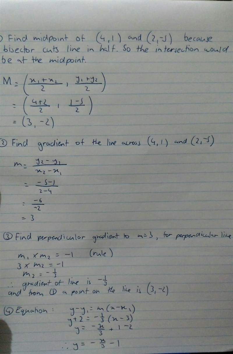 Indicate the equation of the line that is the perpendicular bisector of the segment-example-1