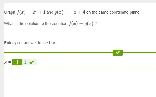 PLEASE HELP PLS!!!!! Graph f(x)=2ˣ+1 and g(x)=−x+4 on the same coordinate plane. What-example-1