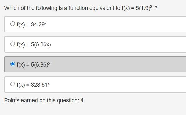 Which of the following is a function equivalent to f(x) = 5(1.9)3x? A. f(x) = 34.29x-example-1