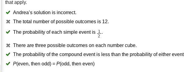 Andrea rolls a number cube twice. She determines P(even, then odd) = . Which statements-example-1