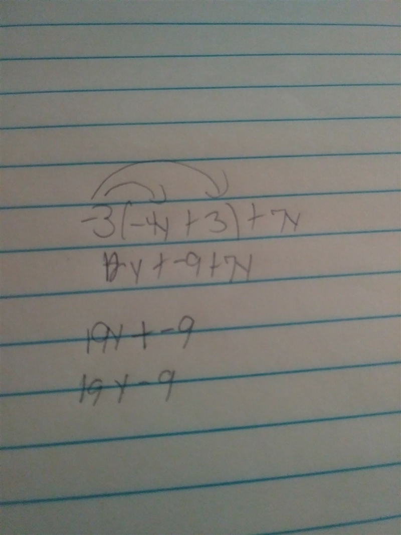 Combine like terms. What is a simpler form of the expression? -3(-4y + 3) + 7y Question-example-1