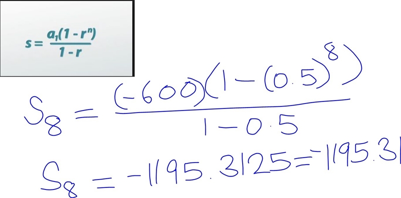 What is the sum of the first eight terms of the series? (−600)+(−300)+(−150)+(−75)+(−37.5)+... Round-example-1