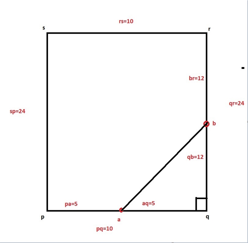 Consider rectangle pqrs with pq=10 and ps=24. if a and b are the midpoints of sides-example-1