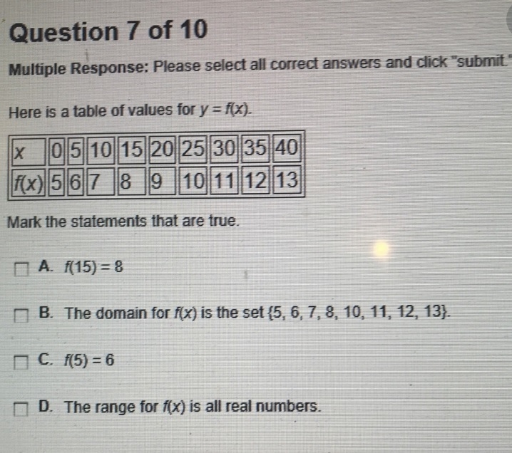 Here is a table of values for y = f(x). x 0 5 10 15 20 25 30 35 40 f(x) 5 6 7 8 9 10 11 12 13 Mark-example-1