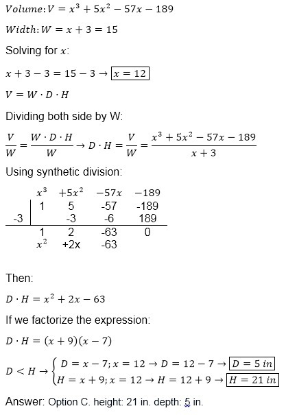 The polynomial x 3 + 5x 2 - ­57x -­189 expresses the volume, in cubic inches, of a-example-1