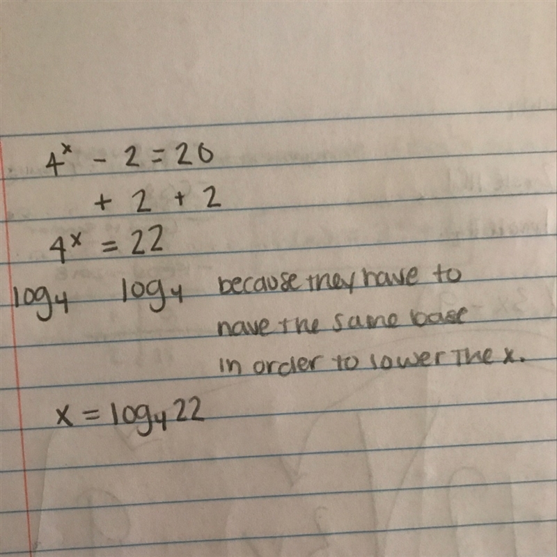 Explain the process of solving the following equation: 4^x - 2 = 20-example-1