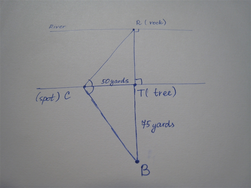 Jamie needs to determine the distance across a river. She selects a rock, R, on the-example-1