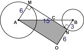 Two circles of radii 3 in. and 6 in. have their centers 15 in. part. find the length-example-1