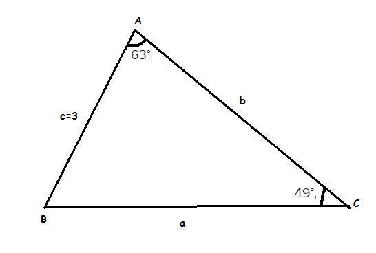 Determine b , given that A = 63°, C = 49°, and c = 3. Round answers to the nearest-example-1