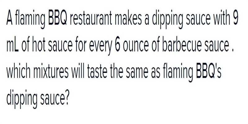 Flaming BBQ Restaurant makes a dipping sauce with 9 ml of hot sauce for every 6 ounces-example-1