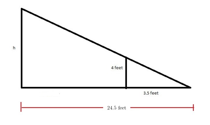 A post 4 feet tall casts a shadow 3.5 feet long. A tree at the same time of day casts-example-1