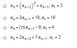 If an=24, which recursive formula could represent the sequence below? ...,24,88, 664, 8408A-example-1