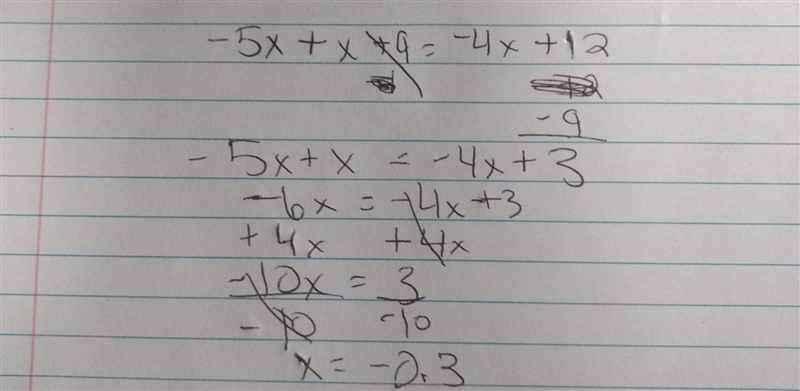 What is the solution set of the following equation? -5x + x + 9 = -4x + 12 Ø {1/7} {all-example-1