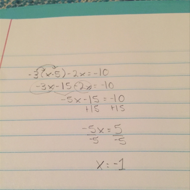 Solve for x. −3(x−5)−2x=−10 Enter your answer in the box. I have a bit of trouble-example-1