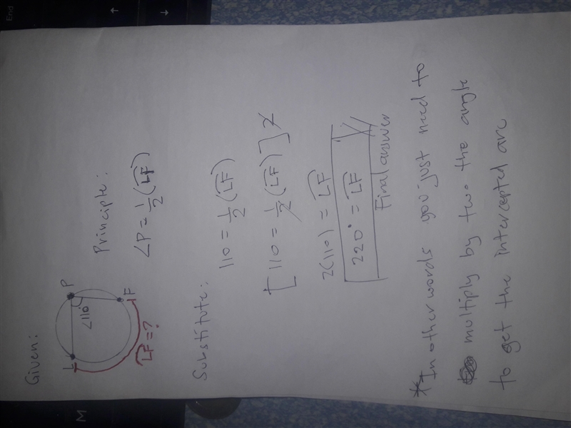 Suppose angle P is 110°. What would be the measure of arc LF? (Figure may not be drawn-example-2