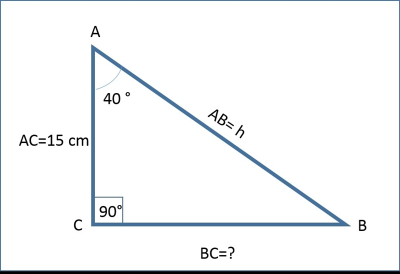 Given: ABC is a right triangle with right angle C. AC=15 centimeters and m∠A=40∘ . What-example-1