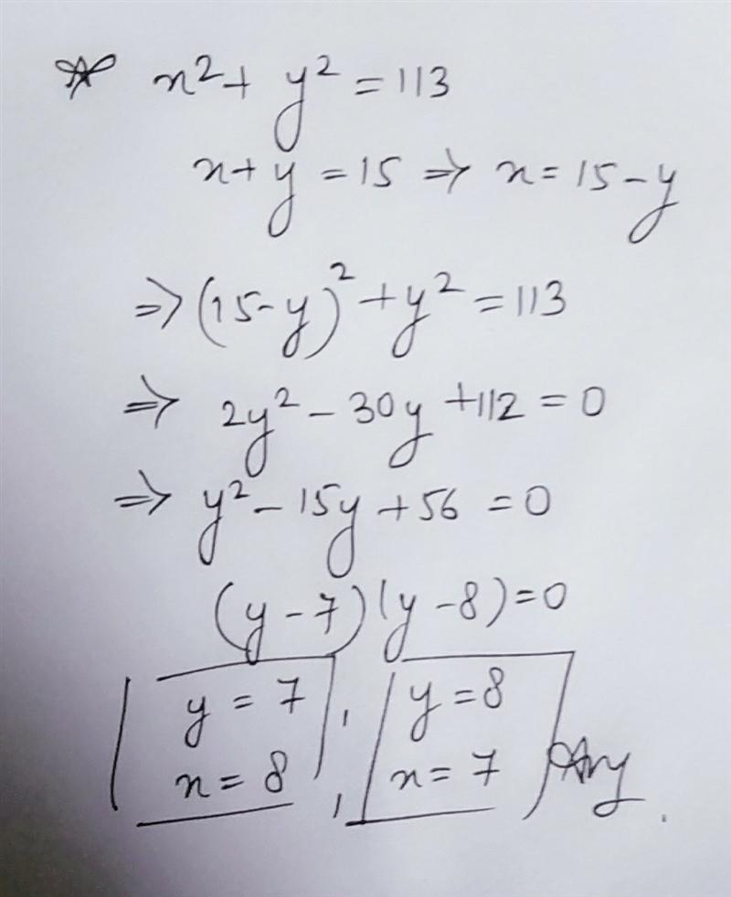 Solve the system by the substitution method. x^2 + y^2 = 113 x + y = 15-example-1