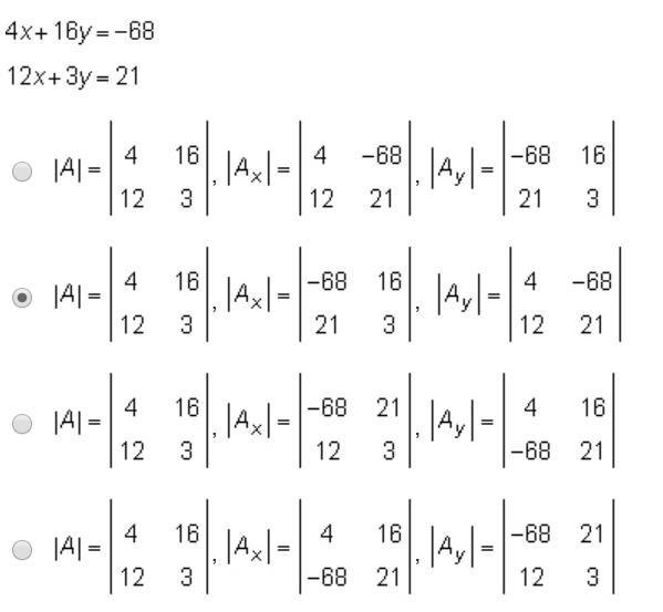 Which determinants can be used to solve for x and y in the system of linear equations-example-1