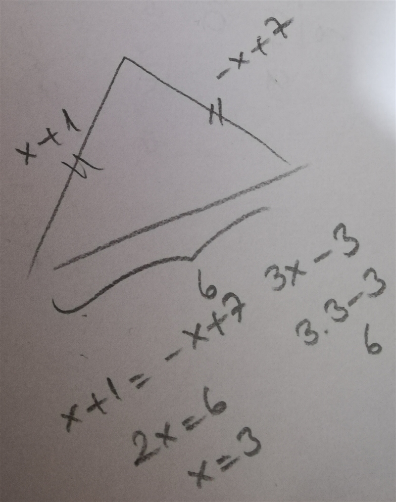 the legs if an isosceles triangle have lengths x+1 and -x+7. the base has length 3x-example-1