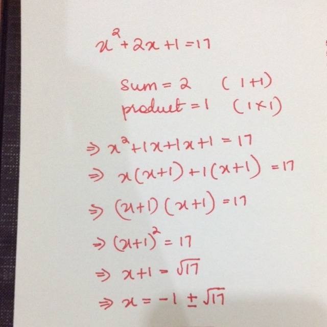 Solve for x in the equation x^2 + 2x + 1 = 17-example-1