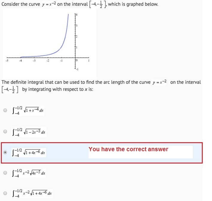 I need to answer three questions about y = x^(-2) on the interval [-4, -1/2]. I have-example-3