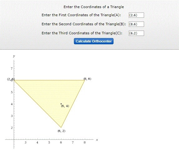 Find the coordinates of the Ortho center of triangle ABC with vertices A(2,6) B (8,6) and-example-1