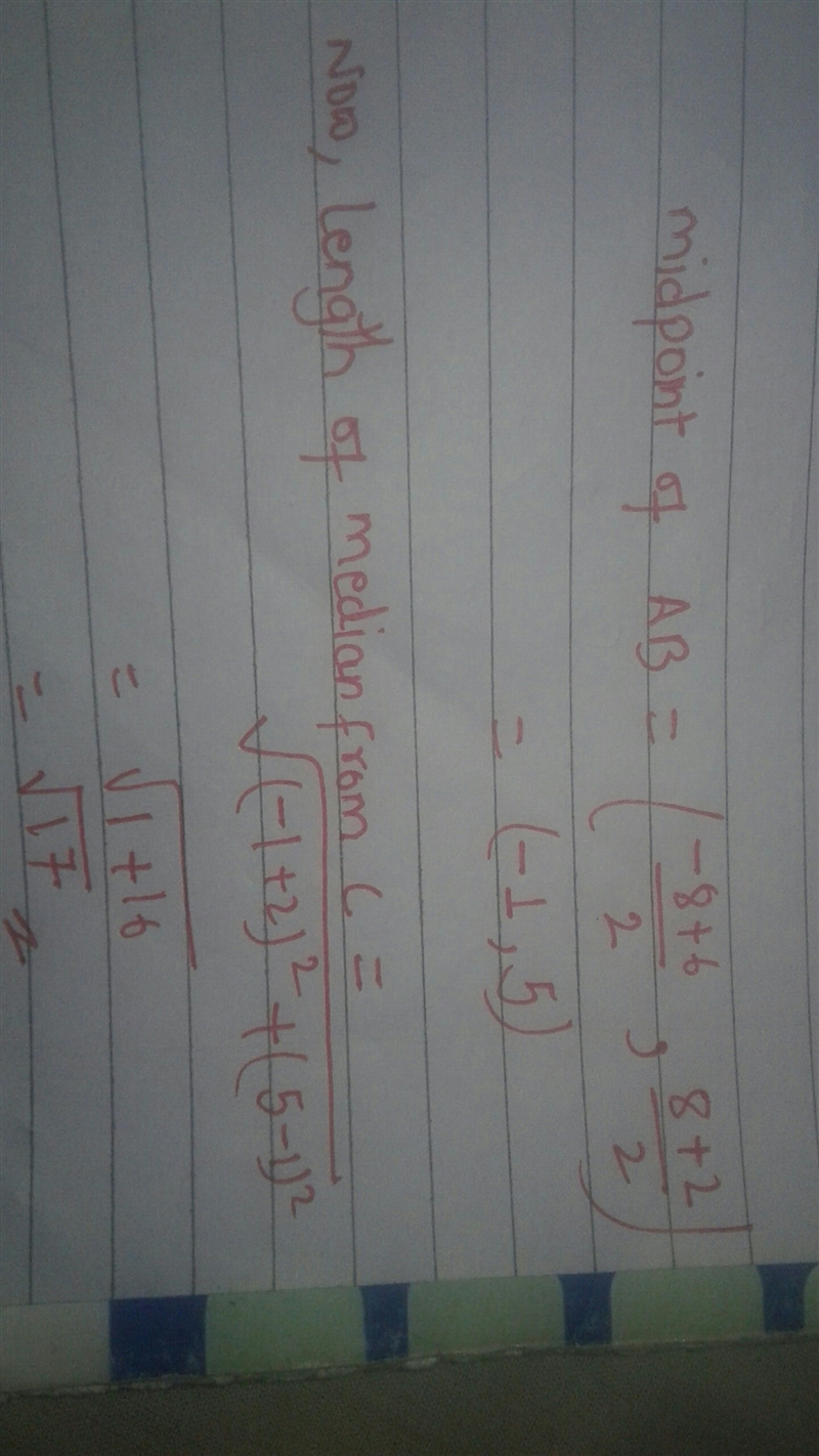 Triangle ABC has vertices of A(-8,8),B(6,2),C(-2,1).Find the length of the median-example-1