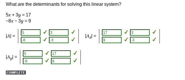 What are the determinants for solving this linear system? 5x + 3y = 17 −8x − 3y = 9-example-1