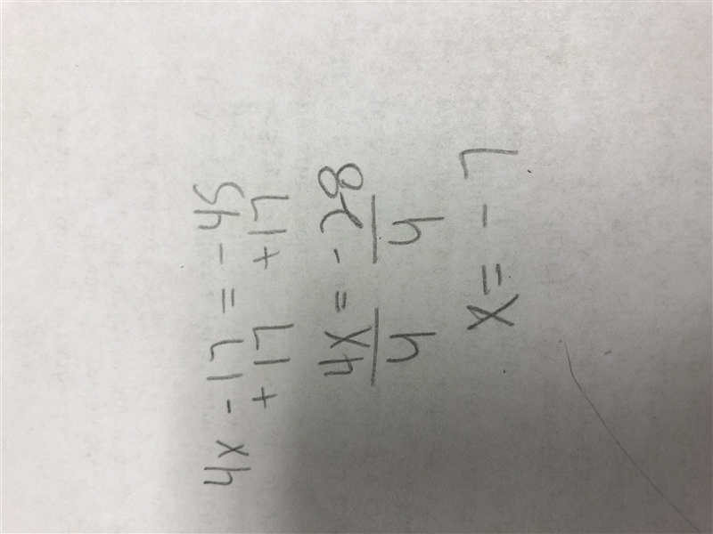 What is the order of transformations you would use to solve this equation. 4x - 17 = -45 A-example-1