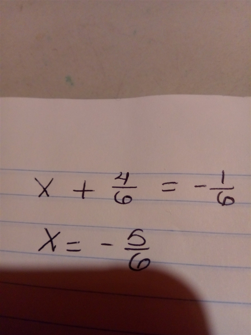 Solve for x. x+2/3=−1/6 Simplify.-example-1