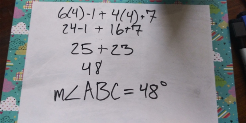 Ray BD bisects m<ABC, solve for x and finf m<ABC m<ABD=6x-1, m<CBD=4x-example-2