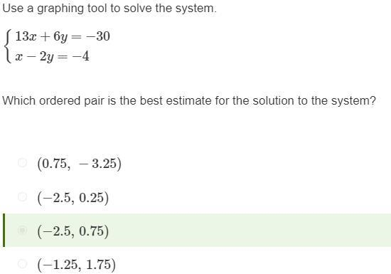 Use a graphing tool to solve the system. {13x+6y=−30 x−2y=−4 Which ordered pair is-example-1