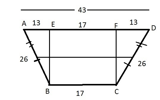 Given: ABCD is a trapezoid, AB=CD, MN is a midsegment, MN=30, BC=17, AB=26 Find: m-example-1