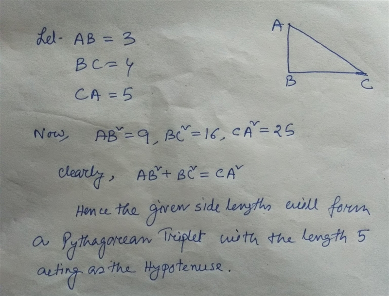 Right triangle ABC has side lengths 3,4 and 5. Do the side lengths form a Pythagorean-example-1