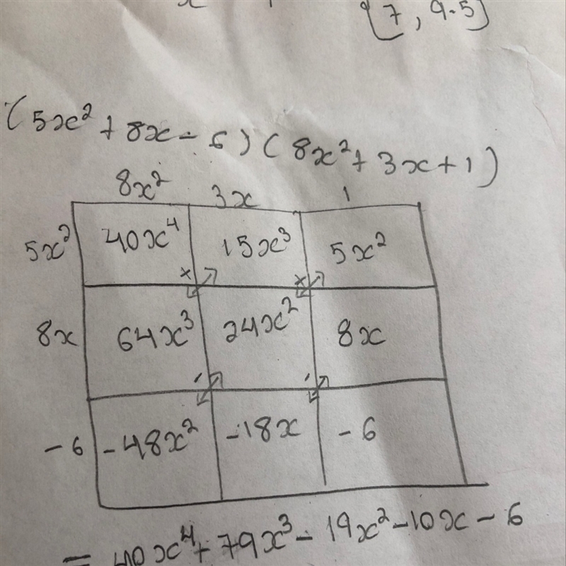 Algebra 2! please help! Multiply the polynomials (5x^2+8x-6)(8x^2+3x+1) (show work-example-1