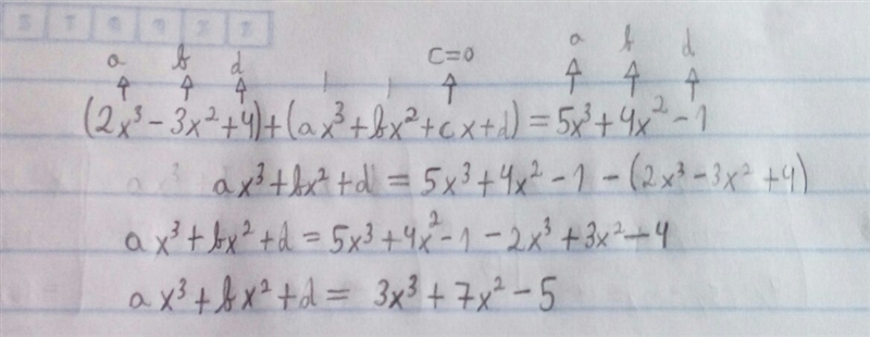 The sum of (2x^3 - 3x^2 + 4) and which polynomial results in the polynomial (5x^3 + 4x-example-1