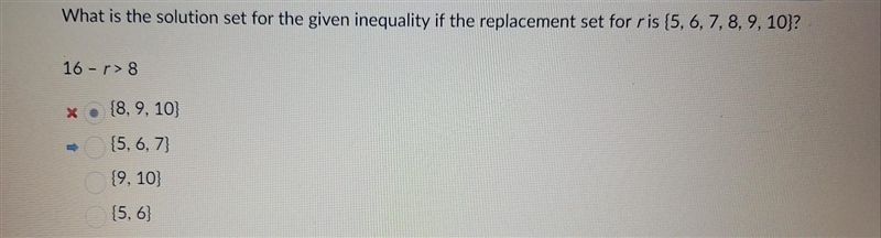 What is the solution set for the given inequality 16-r<8 if the replacement set-example-1