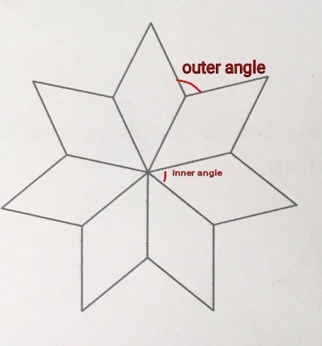 in a rhombus ring pattern there are 8 rhombuses in the first ring. what are the angles-example-1