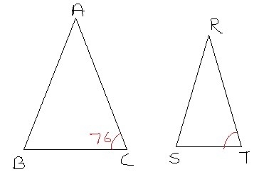 △ABC is similar to △RST . In addition, m∠C=76° and m∠S=3(m∠A) . What is m∠A ? Enter-example-1