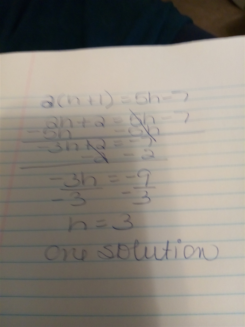 Determine whether the equation 2(h+1)=5h−7 has one solution, no solution, or infinitely-example-1